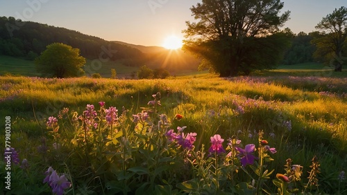 A vibrant spring sun rises over a field of blooming wildflowers