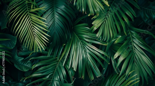 Dense tropical palm leaves creating a lush green texture