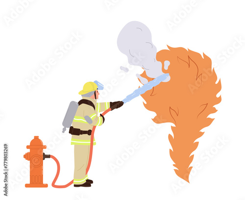 Firefighter cartoon character in uniform putting on fire using hydrant isolated on white background