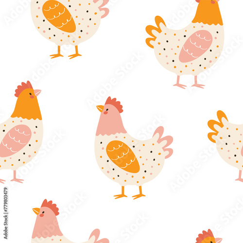 seamless vector pattern with cute chickens on a white background