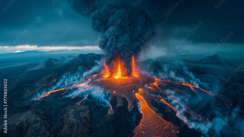 A volcano erupts with smoke and fire, creating a dramatic and intense scene