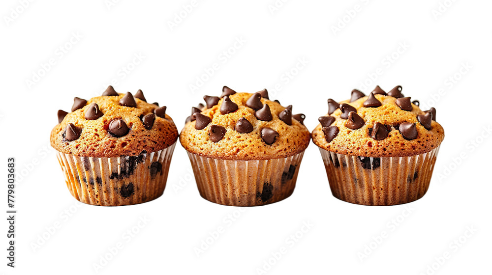 Three Chocolate chip muffin, Isolated on white background PNG Three Chocolate chip muffin, Isolated on white background PNG