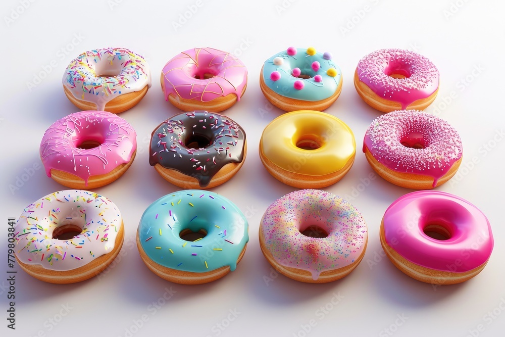 Yummy Delights: Variety of Donuts on White Yummy Delights: Variety of Donuts on White