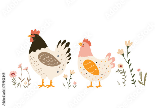 Adorable vector illustration of a hen and rooster among spring flowers on a white background