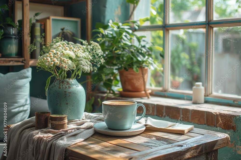 A beautiful corner with a coffee cup, fresh plant, and soft sunlight, representing a peaceful break or a serene beginning of the day