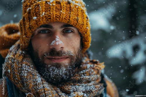 The photo depicts a rugged man with snow on his beard, suggesting a wintry outdoor adventure