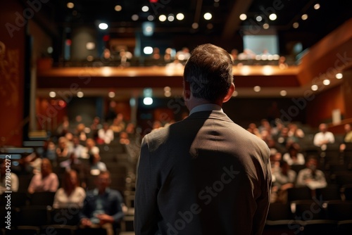 Rear view of a professional speaker facing a diverse audience in a conference hall, preparing to deliver a presentation. photo
