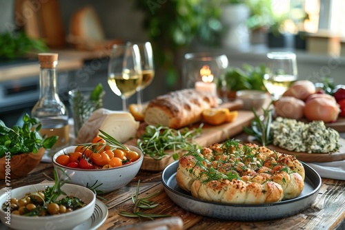A well-lit composition capturing the essence of a homemade meal with focaccia bread, olives, cheese, and wine, exuding comfort and warmth