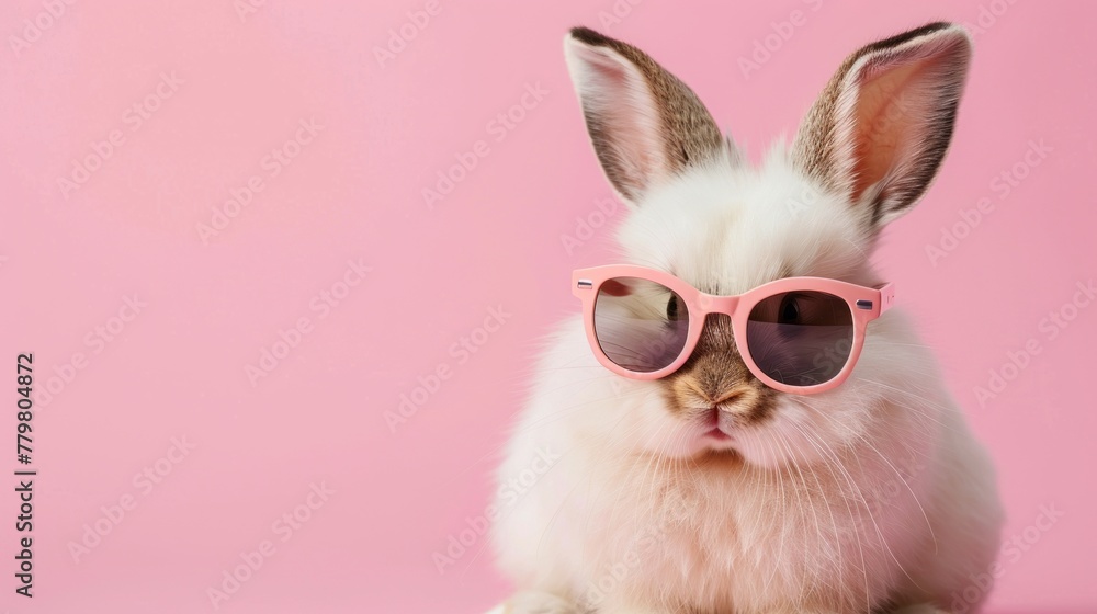 Cute funny bunny wearing sunglasses on color background