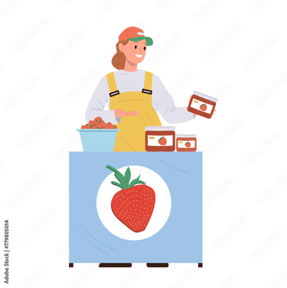 Saleswoman cartoon character selling fresh ripe strawberry at street retail shop or farm market Saleswoman cartoon character selling fresh ripe strawberry at street retail shop or farm market