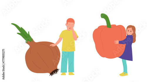 Cute little children cartoon characters holding huge onion and pepper isolated on white background