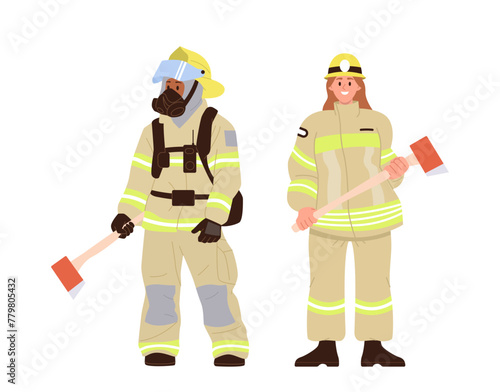 Man woman firefighters cartoon characters wearing protective uniform holding axe isolated on white © Iryna Petrenko