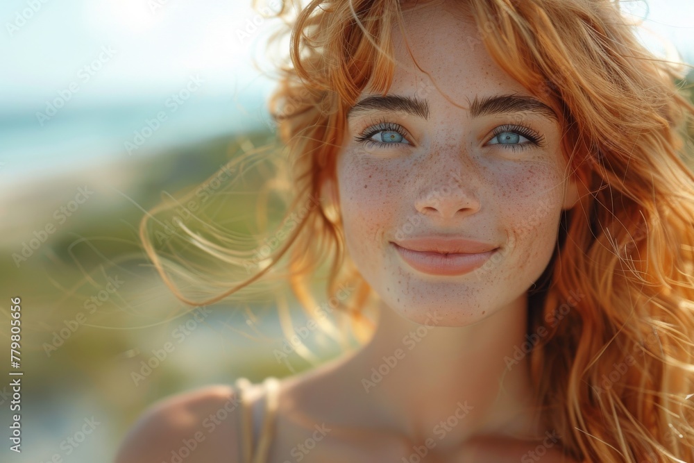 Close-up portrait of a joyful redheaded woman with blue eyes and freckles, natural beauty concept