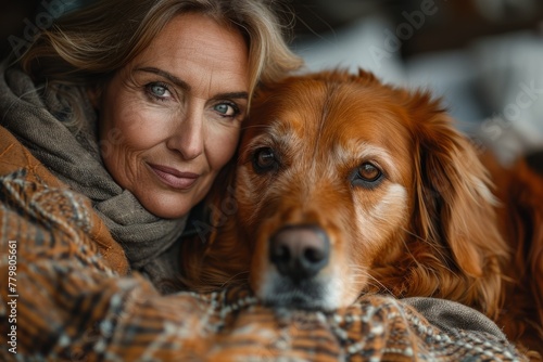 Compassionate moment as a mature woman shares a tender look with her loyal golden retriever