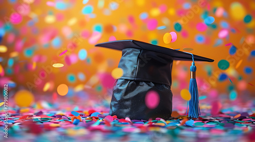 Graduation Cap with Confetti Background, Graduation Day Concept. Generative Ai