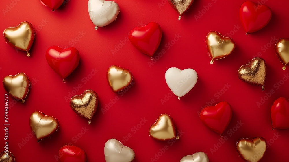 Assortment of red, gold, and white heart-shaped balloons on red background Assortment of red, gold, and white heart-shaped balloons on red background