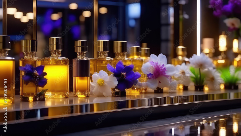 Luxury tropical style spa salon interior with exotic flowers and massage aroma oil in a glass bottles.
Generative AI
