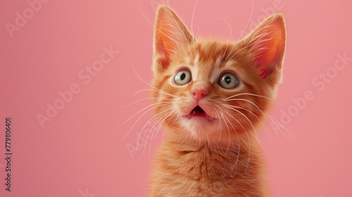 Cartoon Surprised Kitten on Pink 