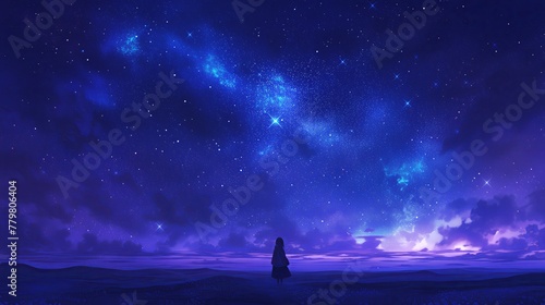 Silhouette one woman standing open field starry night sky universe stars clouds
