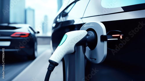 Close-up of electric car charging. Electric vehicle is an automobile of the future, alternative ecology transportation,clean energy for refueling concept.Generative AI