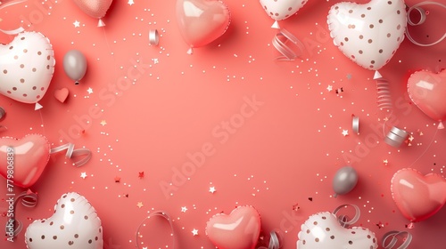 Festive heart-shaped balloons and confetti on a coral pink background