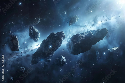Asteroids floating in space, between Mars and Jupiter, against a futuristic cosmic background, depicting the asteroid belt mystery