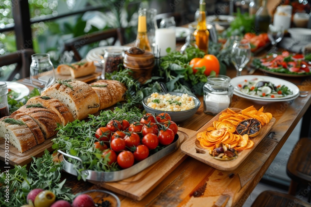 A lavish brunch setup on a wooden table features a bountiful display of food, suggestive of gathering and abundance
