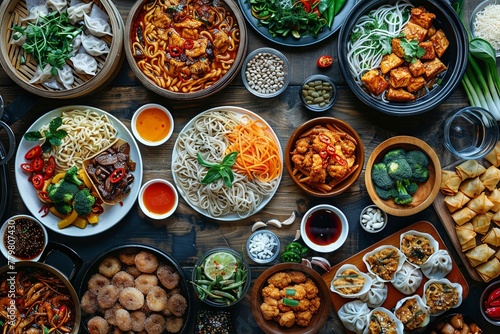 Sumptuous noodle dishes from above, a highangle perspective on a table full of enticing flavors