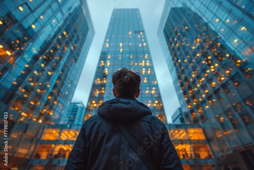 Fototapeta Naklejka Na Ścianę i Meble -  A person is seen from behind gazing at towering skyscrapers lit up against the twilight sky, symbolizing ambition and futuristic cities