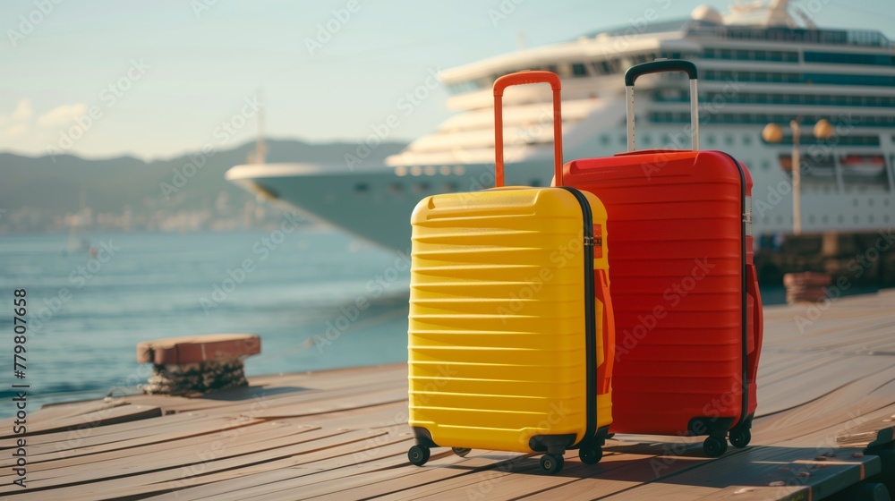 Brightly colored suitcases on a dock with a cruise ship in the backdrop