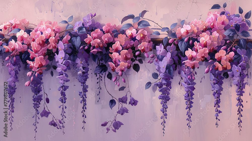 Obraz premium Hanging wisteria blooms in purple and pink on a painted background. Artistic floral wall art. Spring and serenity concept. Design for wallpaper, greeting card, invitation.