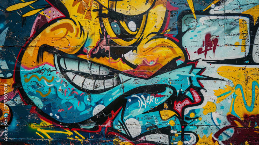 A colorful graffiti wall with a smiling face and a fish