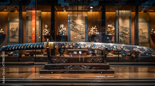 legendary katana sword, display on traditional japanese home with traditional painting on background. photo