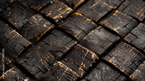 a close up of a pile of black and gold charcoal background