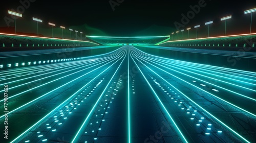 A futuristic 3D render of glowing neon track and field on a black background