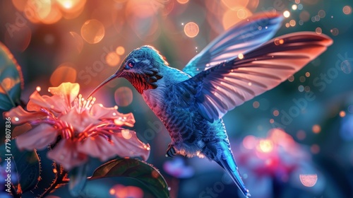 A luminous neon hummingbird sipping nectar from a glowing flower in a garden