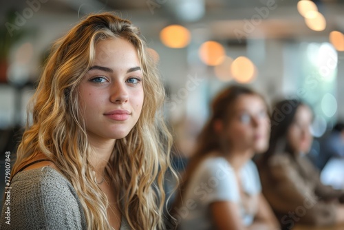 A young woman with bright blonde hair casually looks on in a bustling cafe environment