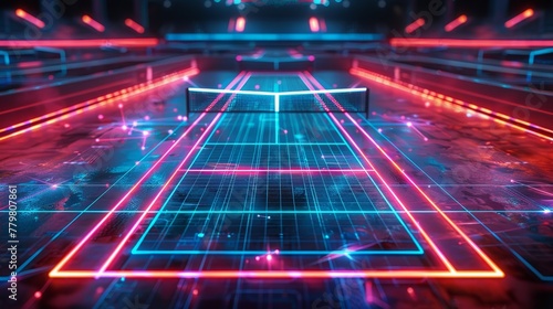 A mesmerizing 3D render of glowing neon tennis court on a black background
