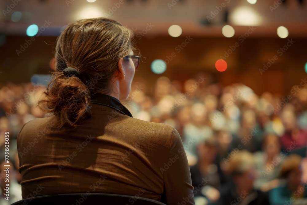 Rear view of a businesswoman addressing an audience at a professional conference, representing leadership and expertise. Rear view of a businesswoman addressing an audience at a professional conference, representing leadership and expertise.