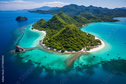 Aerial view of a tropical island with white sandy beaches, turquoise water and lush green mountains inland photo