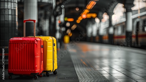 Bright red and yellow suitcases on a train station platform with blurred background