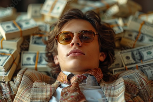 Young trendy man with stylish hair lounging among stacks of dollar bills