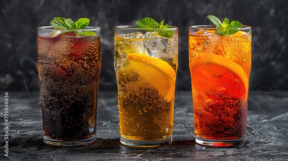 Three glasses of alcoholic beverage rest on the bar Three glasses of alcoholic beverage rest on the bar