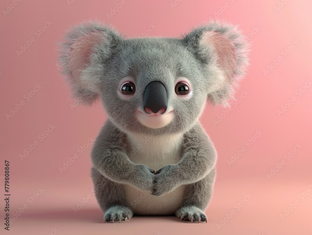 Giant-headed, big-eyed koala, 3D rendered against a soothing pastel backdrop, endearing and sweet. Giant-headed, big-eyed koala, 3D rendered against a soothing pastel backdrop, endearing and sweet.