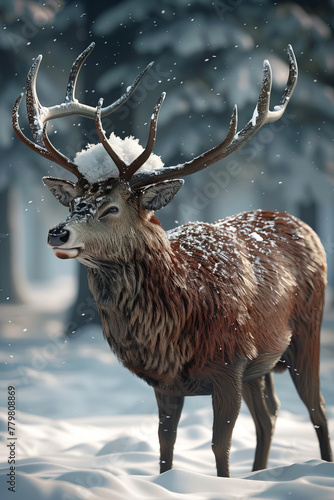 A deer with antlers covered in snow stands in the snow © Wonderful Studio