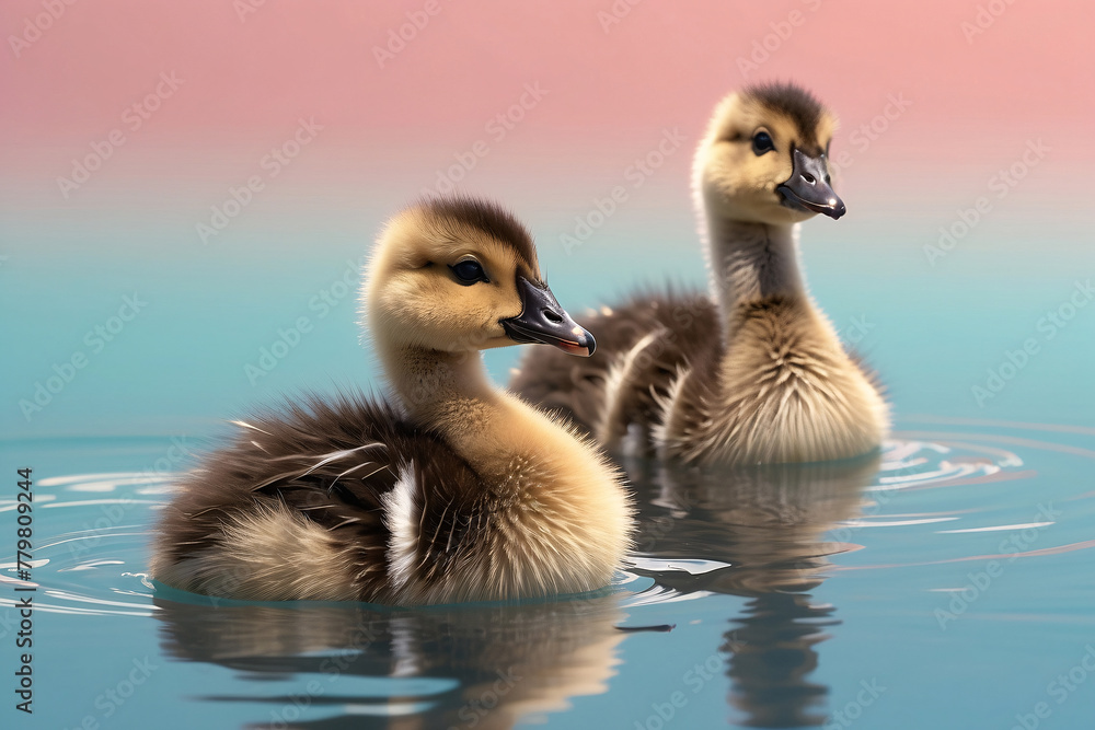 Newborn ducklings swimming in outdoor pond at sunset Newborn ducklings swimming in outdoor pond at sunset