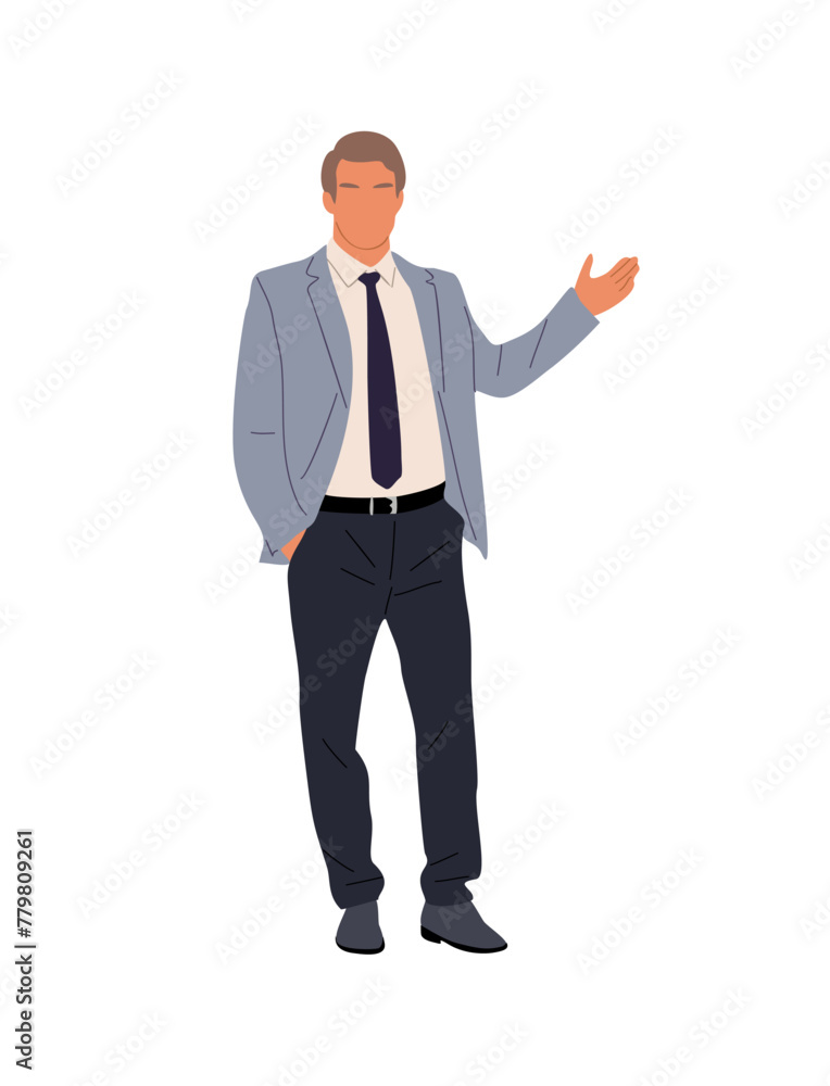 Businessman character standing in confident pose. Handsome business man in formal suit, pointing to the side. Vector realistic colorful illustration isolated on transparent background.
