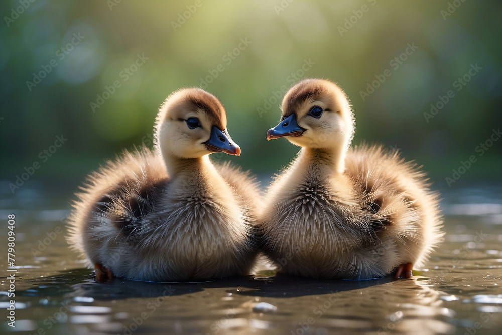 Newborn ducklings swimming in outdoor pond at sunset Newborn ducklings swimming in outdoor pond at sunset