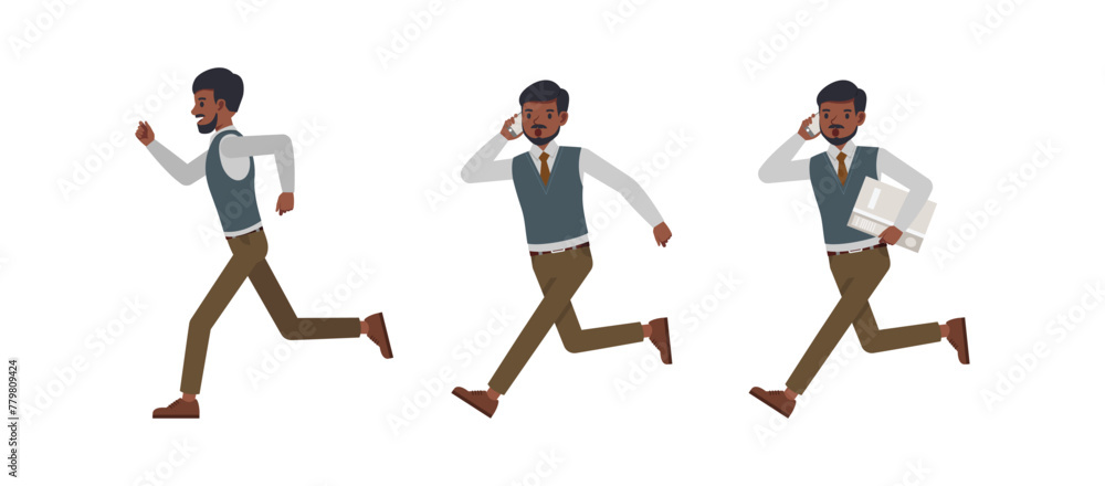 Set of Businessman character vector design. Indian man running and talk on phone illustration. Presentation in various action. Set of Businessman character vector design. Indian man running and talk on phone illustration. Presentation in various action.