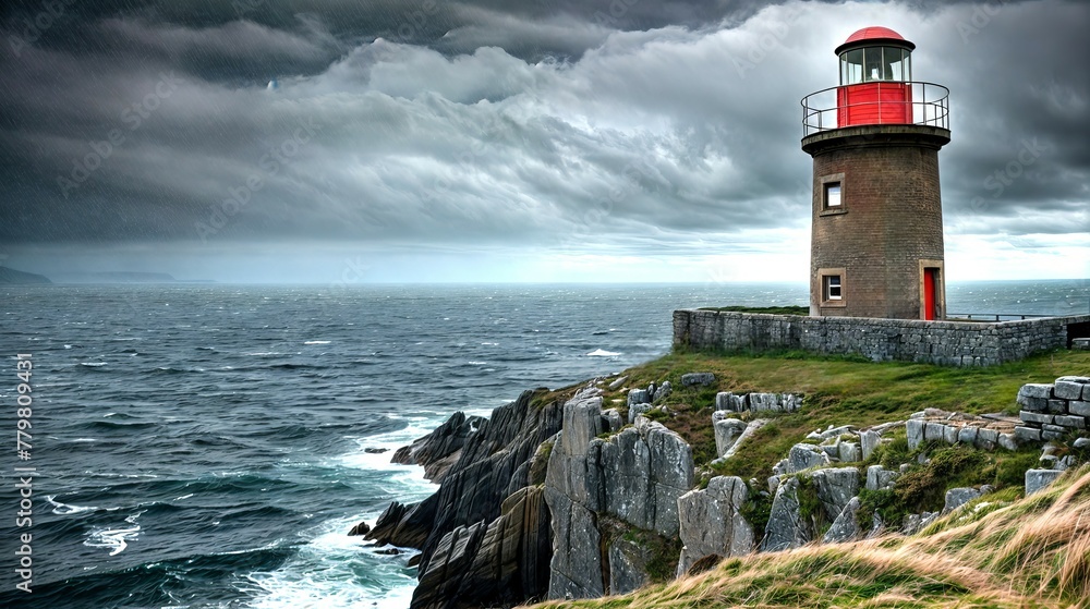 Stormy Irish seascape with lighthouse, ocean, cloudy skies and maritime elements
